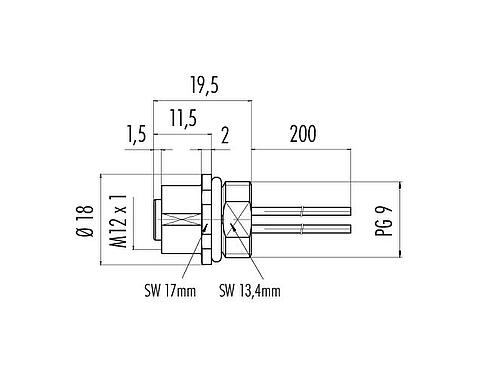 Scale drawing M12 Female panel mount connector, Contacts: 4, unshielded, single wires, IP68, UL 2238, VDE, PG 9, Front mounting, for the power supply, potted