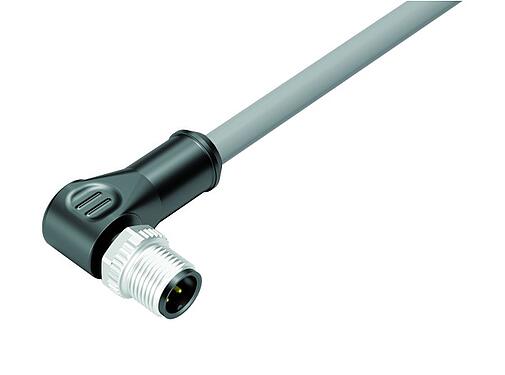 Illustration (may vary) M12 Male angled connector, Contacts: 3, shielded, moulded on the cable, IP67, UL 2238, PVC, grey, 3 x 0.34 mm², 2 m