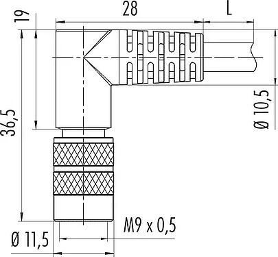 Scale drawing M9 Male angled connector, Contacts: 4, shielded, moulded on the cable, IP67, PUR, black, 5 x 0.25 mm², 2 m
