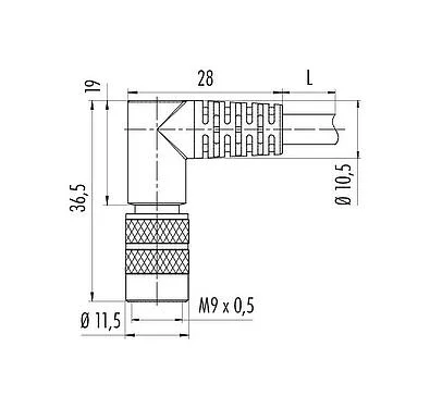 Scale drawing M9 Male angled connector, Contacts: 8, shielded, moulded on the cable, IP67, PUR, black, 8 x 0.14 mm², 5 m