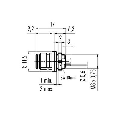 Scale drawing Snap-In Female panel mount connector, Contacts: 8, unshielded, THT, IP67, UL 2238, M8x0,75, Front mounting