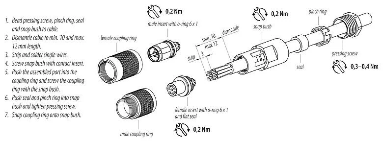 装配说明 99 0421 00 07 - M9 直头针头电缆连接器, 极数: 7, 3.5-5.0mm, 非屏蔽, 焊接, IP67