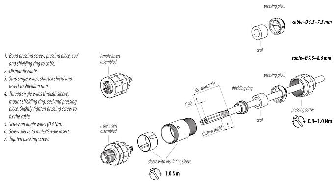 装配说明 99 1430 995 04 - M12 直头孔头电缆连接器, 极数: 4, 5.5-8.6mm, 可接屏蔽, 螺钉接线, IP68/IP69K, UL, Ecolab, 不锈钢