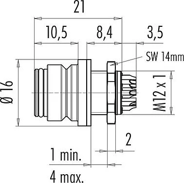 Scale drawing Snap-In Female panel mount connector, Contacts: 5, unshielded, solder, IP67, UL 2238, VDE, M12x1.0, Front mounting