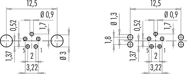 导体结构 M9 针头法兰座, 极数: 5, 可接屏蔽, THT, IP67, M12x0.5, 後壁安裝, 模压成型