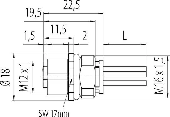 比例图 M12 孔头法兰座, 极数: 5, 非屏蔽, 带导线, IP68, UL 2238, M16x1.5, 板前安装, 模压成型