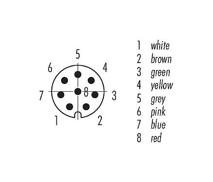 联系安排 (外掛程式側) M8 针头法兰座, 极数: 8, 非屏蔽, 带导线, IP67, UL 2238, M8x1.0, 後壁安裝, 模压成型