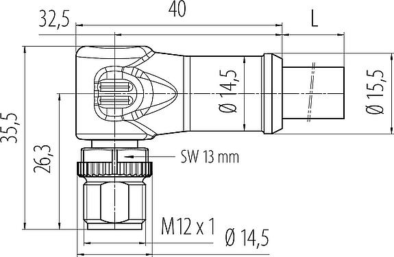 比例图 M12 弯角针头电缆连接器, 极数: 4, 非屏蔽, 预铸电缆, IP68, UL, PUR, 黑色, 4x1.50mm², 2m