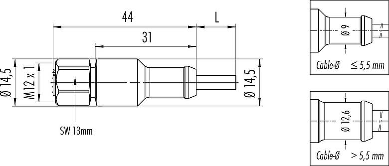 比例图 M12 直头孔头电缆连接器, 极数: 12, 非屏蔽, 预铸电缆, IP67/IP69K, UL 2238, Ecolab, PVC, 灰色, 12x0.25mm², 不锈钢, 2m