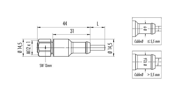 Scale drawing M12 Female cable connector, Contacts: 12, unshielded, moulded on the cable, IP67/IP69K, Ecolab, FDA compliant, Special TPE, grey, 12 x 0.25 mm², stainless steel, 5 m