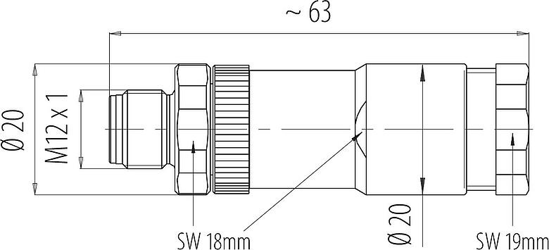 比例图 M12 双出口针头电缆连接器, 极数: 8, 2.1-3.0 mm (2 电缆) 或者 4-5 mm (2 电缆), 非屏蔽, 螺钉接线, IP67, UL 2238