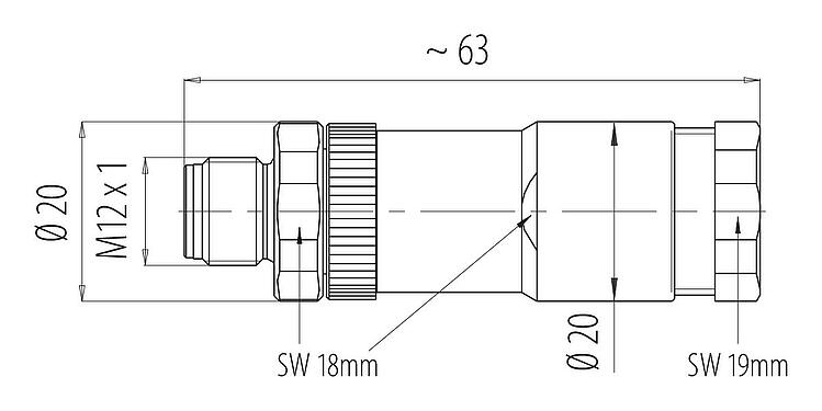 比例图 M12 双出口针头电缆连接器, 极数: 8, 2.1-3.0 mm (2 电缆) 或者 4-5 mm (2 电缆), 非屏蔽, 螺钉接线, IP67, UL 2238
