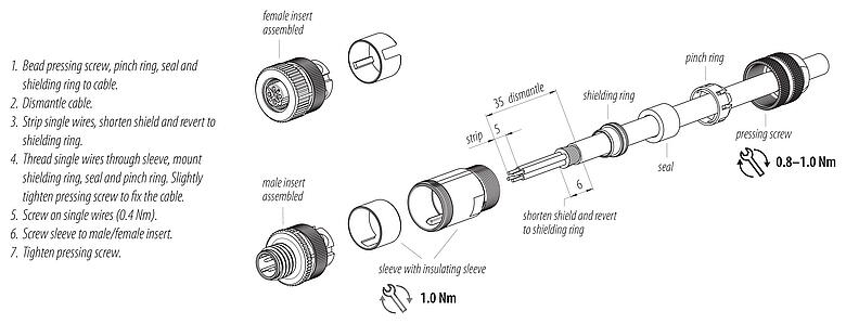 装配说明 99 3729 810 04 - M12 直头针头电缆连接器, 极数: 4, 6.0-8.0mm, 可接屏蔽, 螺钉接线, IP67, UL