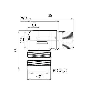 比例图 M16 弯角孔头电缆连接器, 极数: 19 (19-a), 4.0-6.0mm, 可接屏蔽, 焊接, IP40