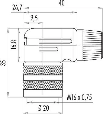 比例图 M16 弯角孔头电缆连接器, 极数: 7 (07-a), 4.0-6.0mm, 可接屏蔽, 焊接, IP40