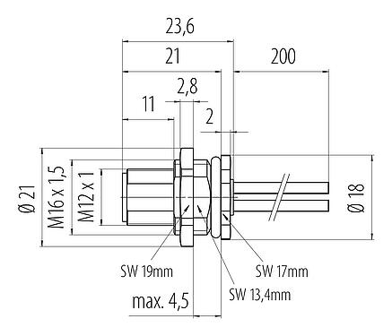 比例图 M12 针头法兰座, 极数: 4, 非屏蔽, 带导线, IP68, UL 2238, M16x1.5, 後壁安裝