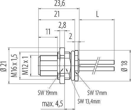 比例图 M12 针头法兰座, 极数: 4, 非屏蔽, 带导线, IP68, UL 2238, M16x1.5, 後壁安裝