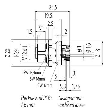 Scale drawing M12 Female panel mount connector, Contacts: 4, shieldable, THT, IP67, UL 2238, PG 9, Rear mounting, potted
