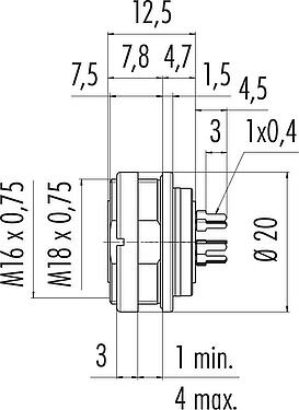 比例图 M16 孔头法兰座, 极数: 8 (08-a), 非屏蔽, THT, IP68, UL 2238, 符合AISG, M18x0,75, 後壁安裝