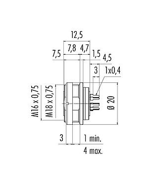 Scale drawing M16 Female panel mount connector, Contacts: 5 (05-b), unshielded, THT, IP67, M18x0,75, Rear mounting