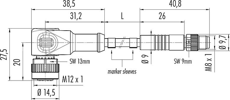 Scale drawing M12/M8 Male cable connector - female angled connector, Contacts: 3, unshielded, moulded on the cable, IP67/IP69K, UL 2238, PUR, black, 3 x 0.34 mm², 2 m