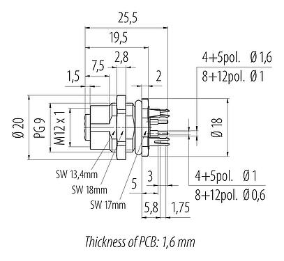 Scale drawing M12 Female panel mount connector, Contacts: 8, shieldable, THT, IP68, UL 2238, PG 9, Rear mounting, potted