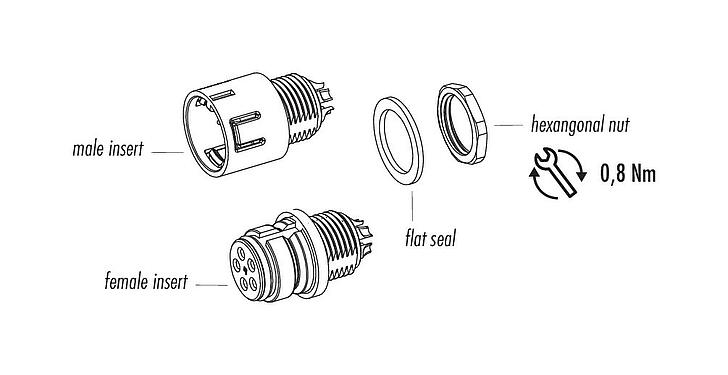 Component part drawing Snap-In Male panel mount connector, Contacts: 12, unshielded, solder, IP67, UL 2238, VDE, M12x1.0, Front mounting
