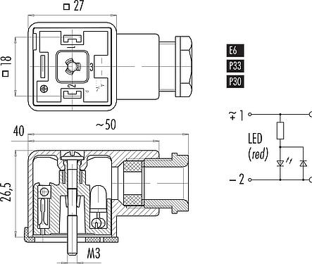 比例图 设备插座, 极数: 2+PE, 8.0-10.0mm, 非屏蔽, 螺钉接线, IP40 不带密封圈, PG 11, 电路 P30, 带LED的PNP