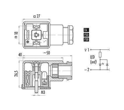 比例图 设备插座, 极数: 2+PE, 8.0-10.0mm, 非屏蔽, 螺钉接线, IP40 不带密封圈, PG 11, 电路 P30, 带LED的PNP