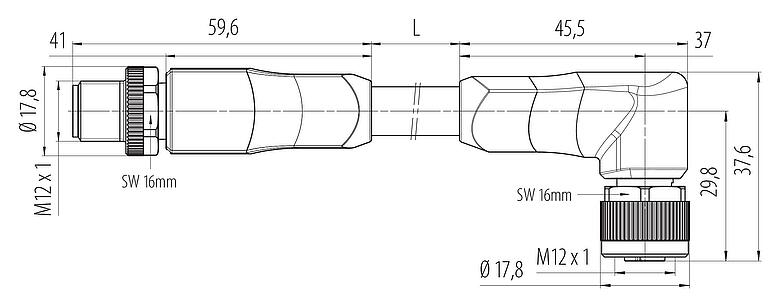 比例图 77 0654 0649 50505-0500 - M12/M12 针头电缆连接器 - 孔头弯角电缆连接器, 极数: 4+FE, 非屏蔽, 预铸电缆, IP68, PUR, 黑色, 5x2.50mm², UL 正在准备中, 5m