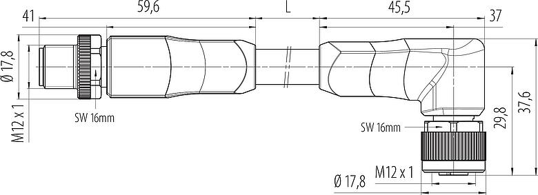 Scale drawing M12 Male cable connector - female angled connector, Contacts: 4+FE, unshielded, moulded on the cable, IP68, UL 2238, PUR, black, 5 x 1.50 mm², 5 m