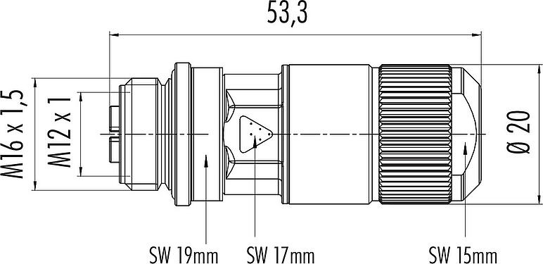 Scale drawing M12 Female cable connector, Contacts: 8, 5.5-9.0 mm, shieldable, IDC, IP67