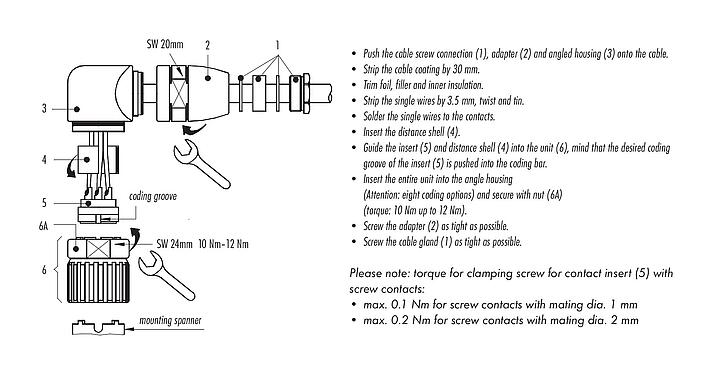 装配说明 99 4602 70 09 - M23 弯角孔头电缆连接器, 极数: 9, 6.0-10.0mm, 非屏蔽, 焊接, IP67