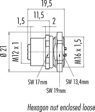比例图 M12 孔头法兰座, 极数: 8, 非屏蔽, 焊接, IP67, UL 2238, M16x1.5, 板前安装