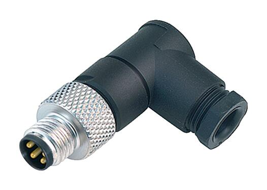 Illustration M8 Male angled connector, Contacts: 3, 3.5-5.0 mm, unshielded, solder, IP67, UL 2238