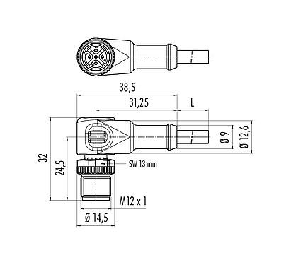 Scale drawing 77 4427 0000 50005-0500 - M12 Male angled connector, Contacts: 5, unshielded, moulded on the cable, IP68, UL, PUR, black, 5 x 0.34 mm², 5 m