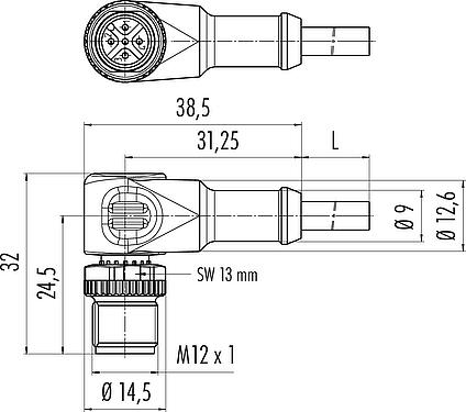 Scale drawing M12 Male angled connector, Contacts: 4, unshielded, moulded on the cable, IP68/IP69K, UL 2238, PUR, black, 4 x 0.34 mm², 2 m