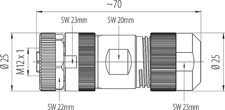 比例图 M12 直头孔头电缆连接器, 极数: 4+PE, 8.0-13.0mm, 非屏蔽, 螺钉接线, IP67, UL 2238