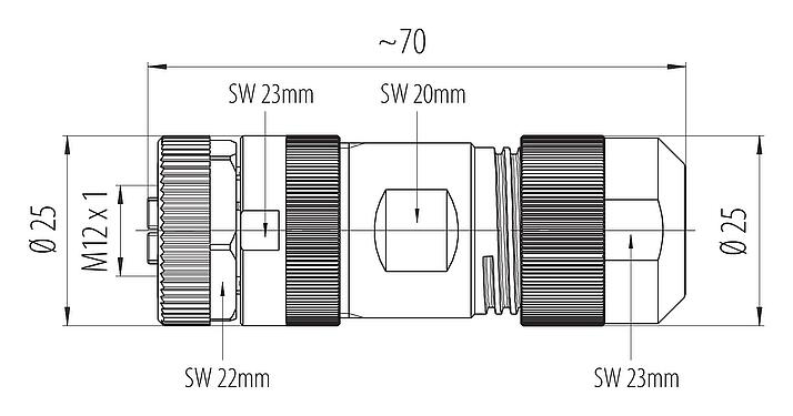 比例图 M12 直头孔头电缆连接器, 极数: 4+PE, 8.0-13.0mm, 非屏蔽, 螺钉接线, IP67, UL 2237正在准备中, 带PE接口
