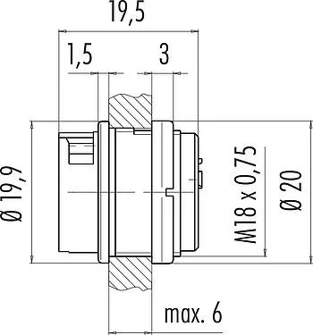 比例图 卡扣式 孔头法兰座, 极数: 6, 非屏蔽, 焊接, IP40, M18x0,75, 板前安装