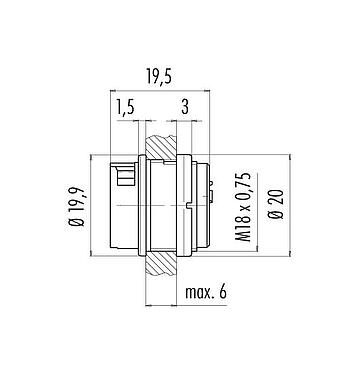 Scale drawing Bayonet Female panel mount connector, Contacts: 24, unshielded, solder, IP40, M18x0,75, Front mounting