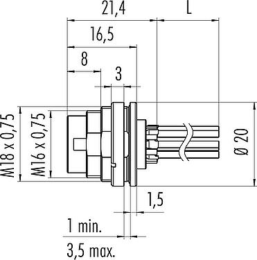 Scale drawing M16 Male panel mount connector, Contacts: 8 (08-a), unshielded, single wires, IP68, UL 2238, AISG compliant, M18x0,75, Rear mounting