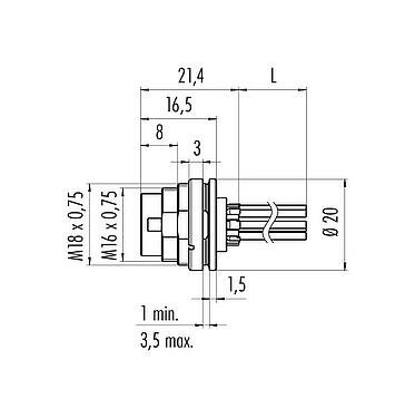 比例图 M16 针头法兰座, 极数: 5 (05-a), 非屏蔽, 带导线, IP67, UL 2238, M18x0,75, 後壁安裝