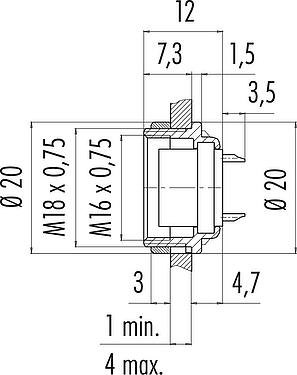 比例图 M16 孔头法兰座, 极数: 24, 非屏蔽, 焊接, IP40, M18x0,75, 後壁安裝