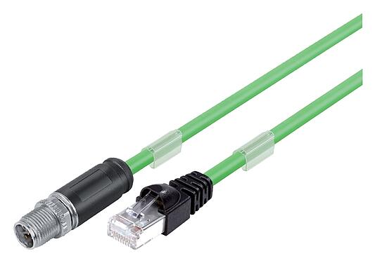 Illustration M12/RJ45 Connecting cable male cable connector - RJ45 connector, Contacts: 8, shielded, moulded on the cable, IP67, UL, PUR, green, AWG 26/7, 5 m