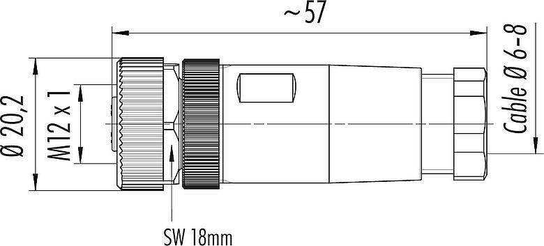 比例图 M12 直头孔头电缆连接器, 极数: 4, 6.0-8.0mm, 非屏蔽, 螺钉接线, IP67, UL 2238, VDE