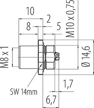 Scale drawing M8 Female panel mount connector, Contacts: 3, solder, IP67/IP69K, M10x0.75, Front mounting, with solder cups