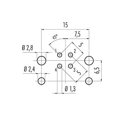 Conductor layout 99 3732 200 04 - M12 Female panel mount connector, Contacts: 4, unshielded, THR, IP67, UL, M12x1.0