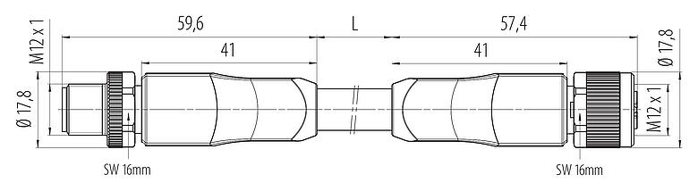 Scale drawing 77 0679 0670 70505-0200 - M12/M12 Male cable connector - female cable connector, Contacts: 4+PE, unshielded, moulded on the cable, IP68, PUR, black, 5 x 1.50 mm², UL in preparation, 2 m