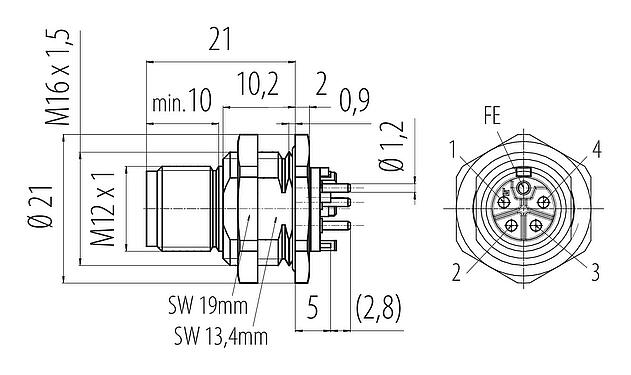 比例图 M12 针头法兰座, 极数: 4+FE, 非屏蔽, THR, IP67, UL 2238, M16x1.5, 後壁安裝